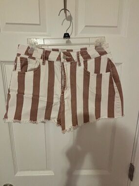 Altar'd State Rust & White Vertical Stripe High-Rise Jean Shorts